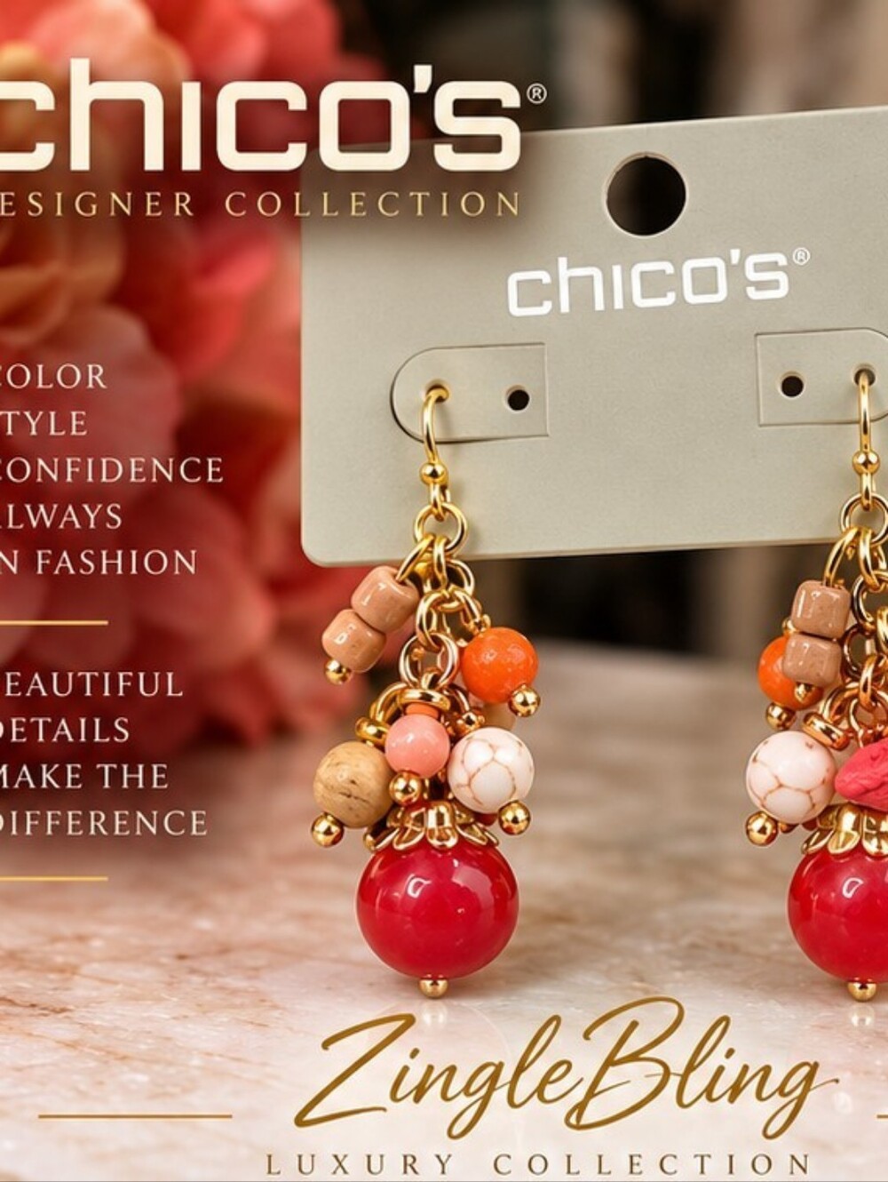Chico's NWT Gold Tone Multicolor Beaded Cluster Dangle Earrings